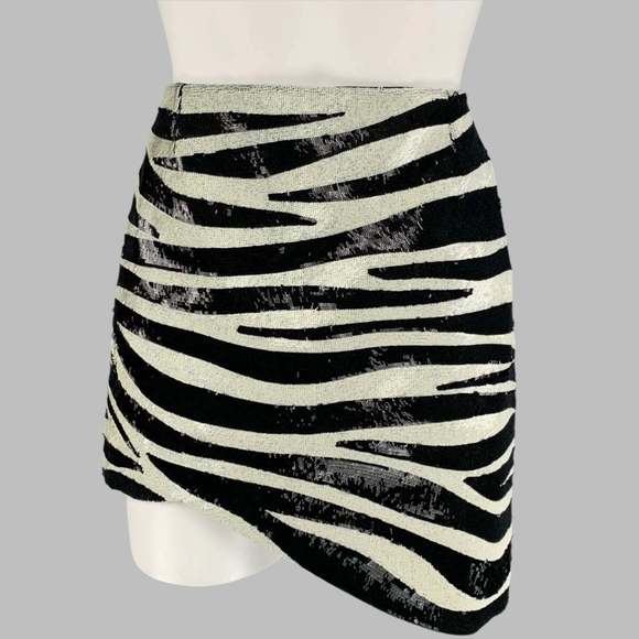 SAINT LAURENT Black Cream Zebra Print Stripe Acetate Viscose Sequined Mini Skirt - Picture 1 of 6